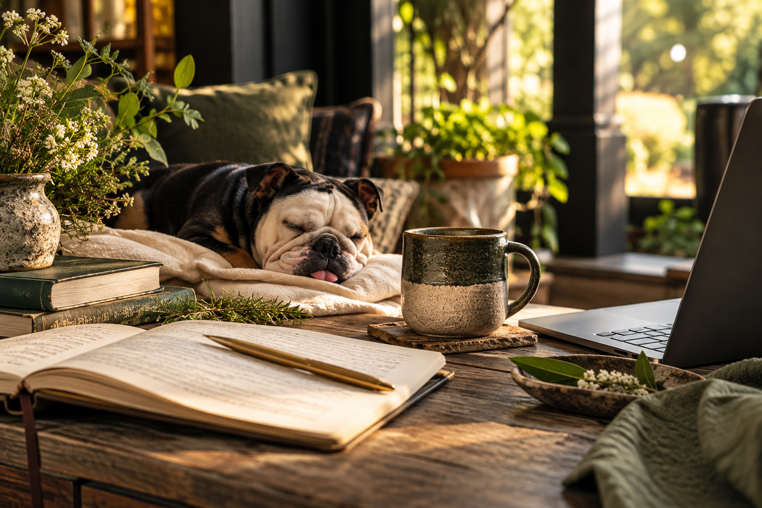 Arwyn resting beside an open writing notebook, books, a mug, and a work surface