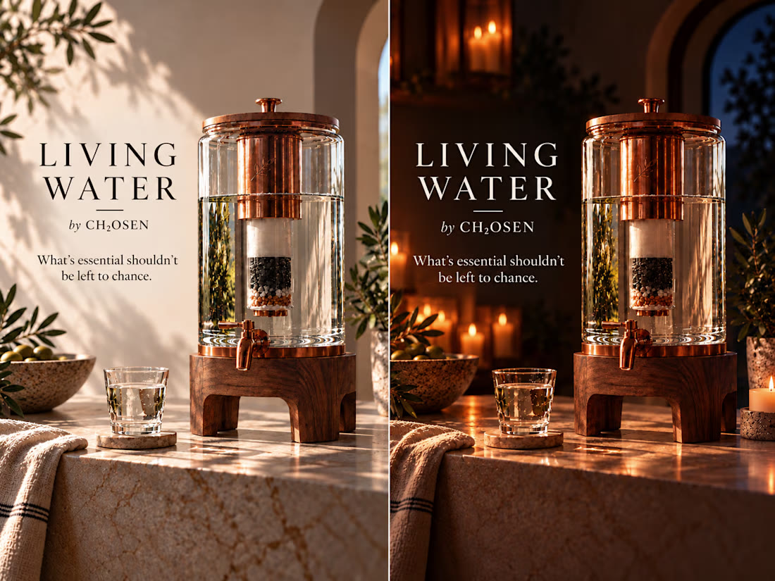 Living Water by CH₂OSEN filtration concept shown in day and evening settings