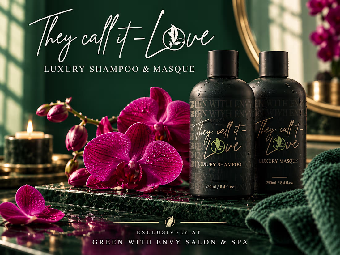 They Call It Love shampoo and masque campaign creative for Green With Envy